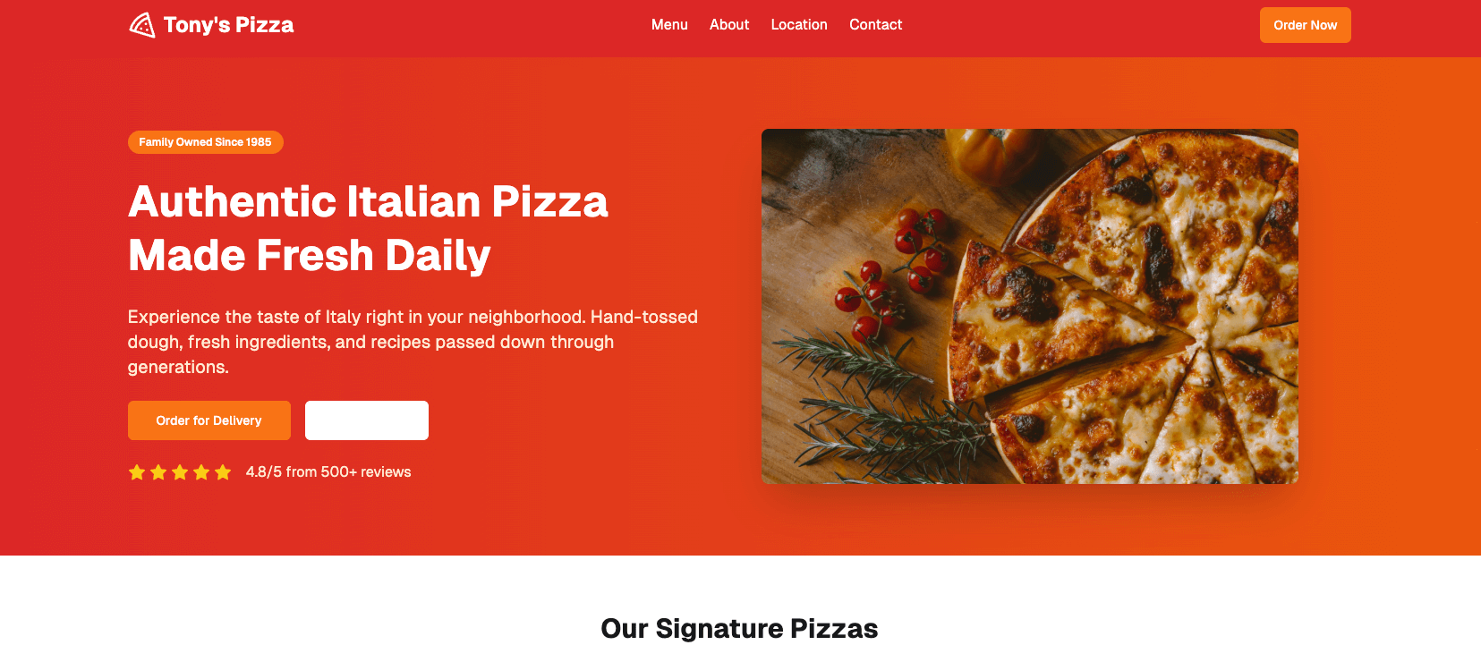 Bild einer modernen Pizzeria-Website mit lebhaften Farben, Pizza-Bildern und einem klar strukturierten Layout.