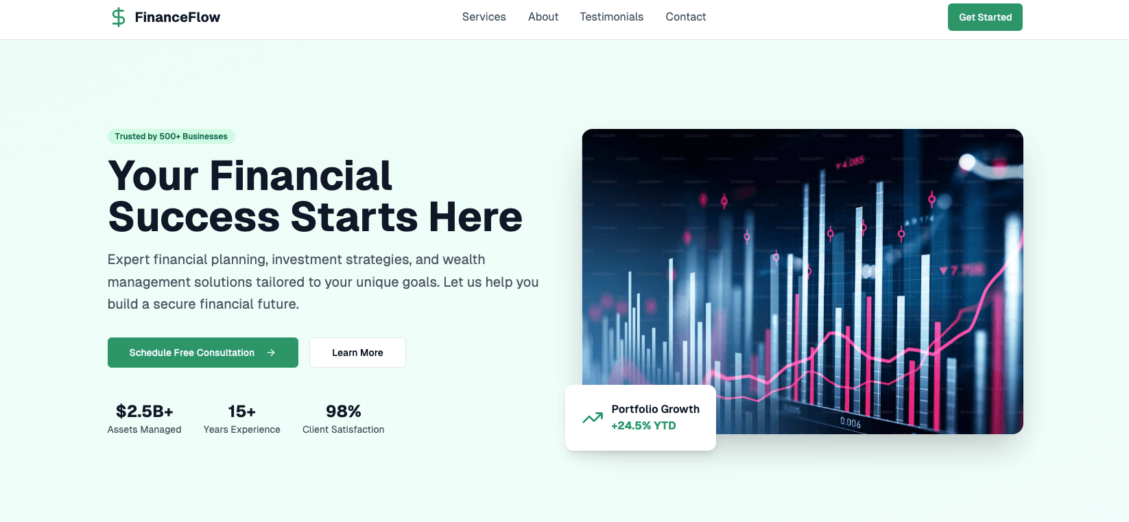 Bild einer professionellen Finanzagentur-Website mit einem Diagramm und einem klaren, modernen Design.