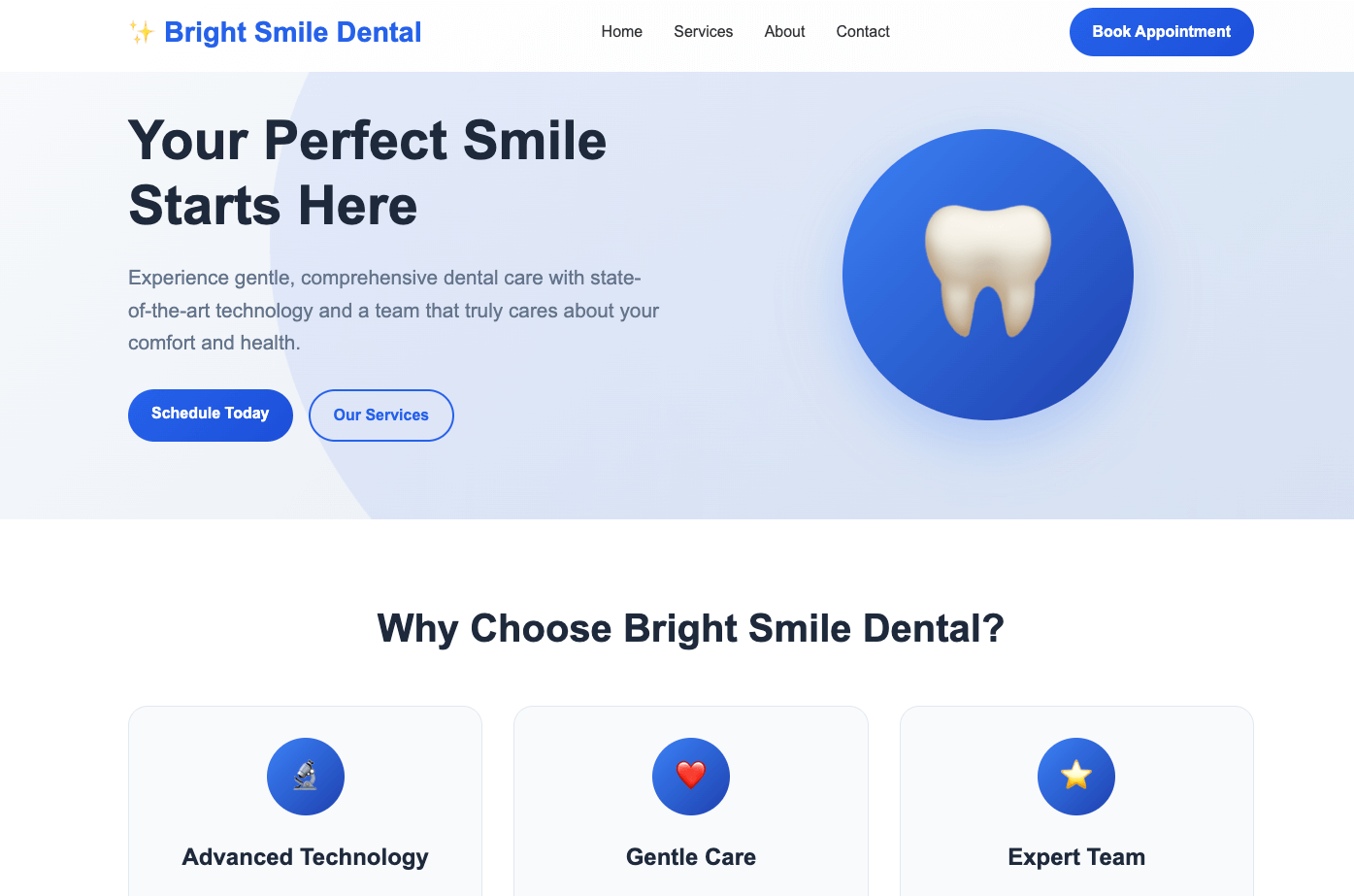 Bild einer modernen Zahnarzt-Website mit einem hellen, sauberen Design und einem Zahn-Icon.