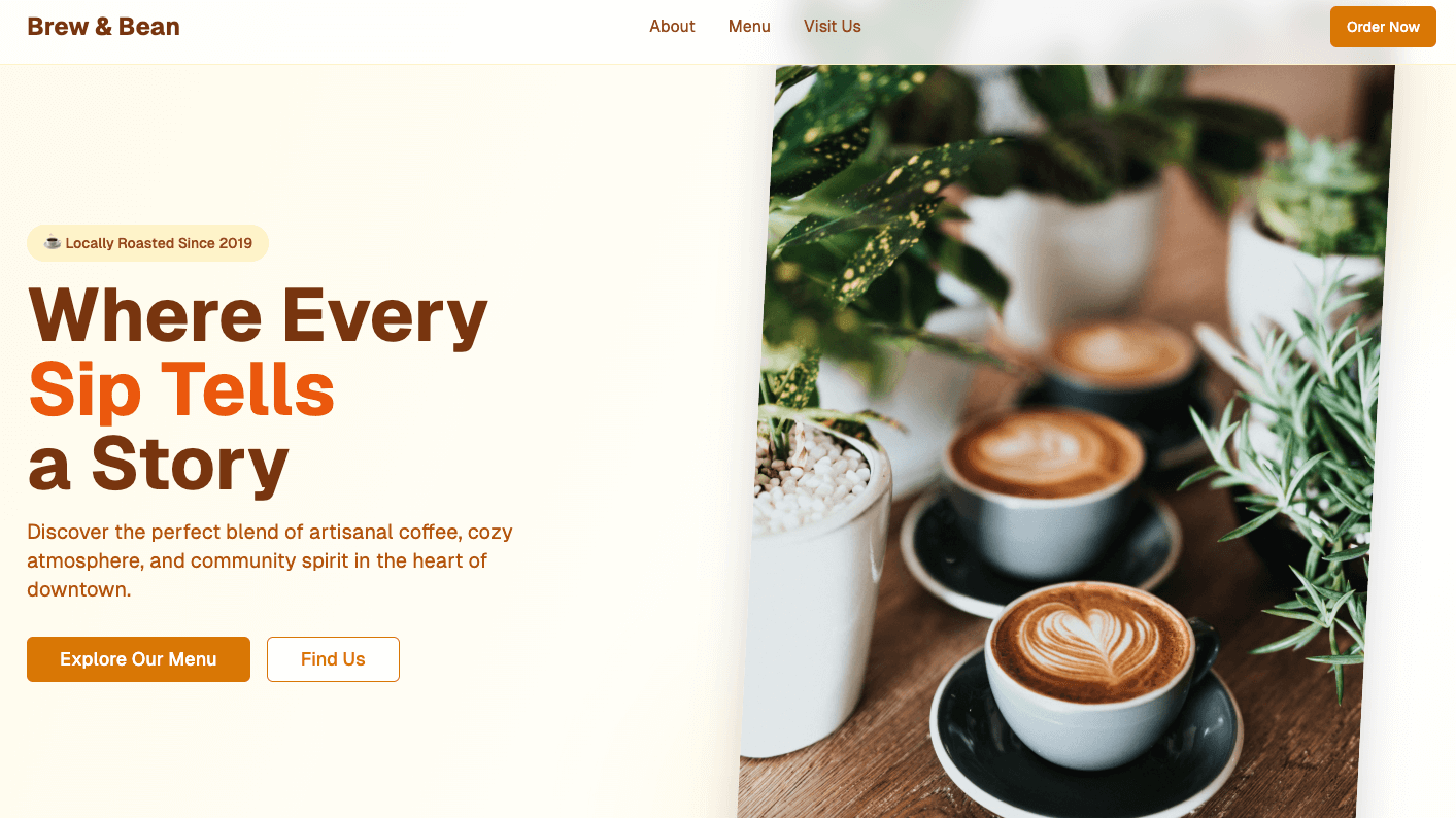 Screenshot einer eleganten Kaffee-Website mit Bildern von frisch gebrühtem Kaffee und einer hellen, freundlichen Gestaltung.
