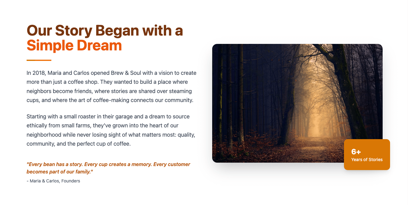 Bild einer Webseite mit einer warmen, einladenden Storytelling-Sektion und einem Bild eines sonnendurchfluteten Waldes